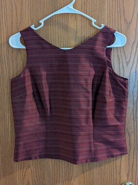 Talbots Pure Silk Tank Top Front Pleats Buttons Down the Back Striped Marooon-6P
